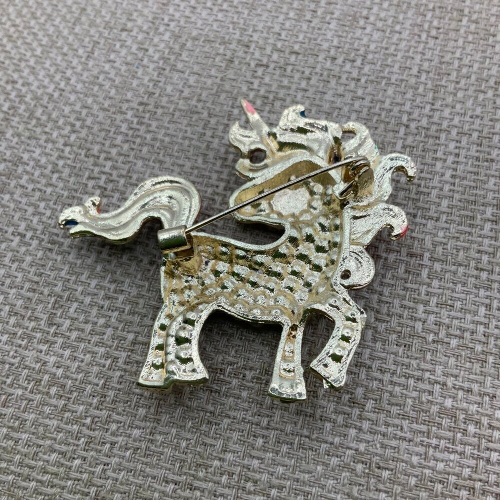 Unicorn Rainbow Enamel Rhinestone Gold Tone Brooch Pin - Picture 3 of 6